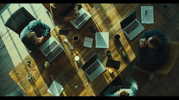 Top view of a group of people sitting around a wooden table and working on their laptops