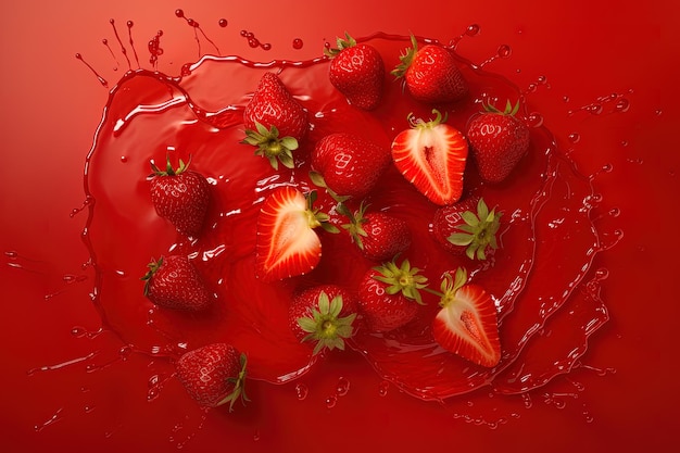 Top view of a group of strawberries splashing into a strawberry juice