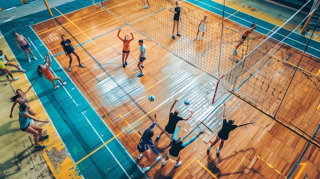 Photo top view of a group of young people playing volleyball in an indoor court