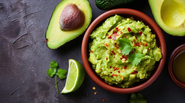 Photo top view guacamole with avocado generative ai