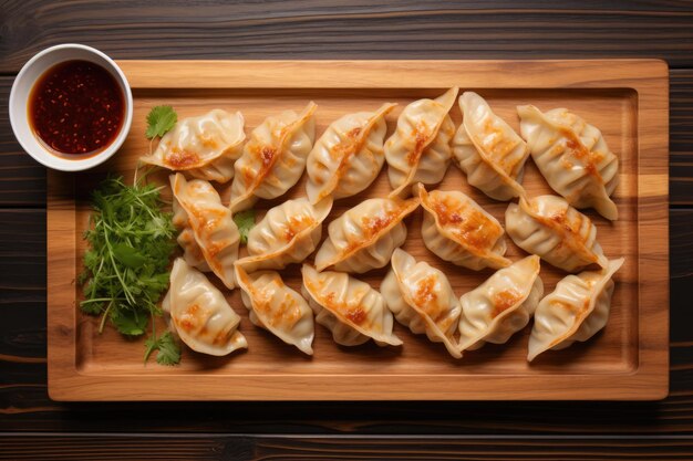 Top View Gyoza On A Wooden Boardon White Background