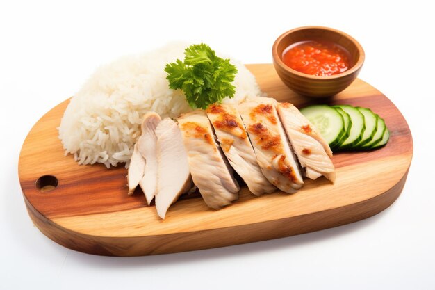 Top View Hainanese Chicken Rice op een houten board op een witte achtergrond