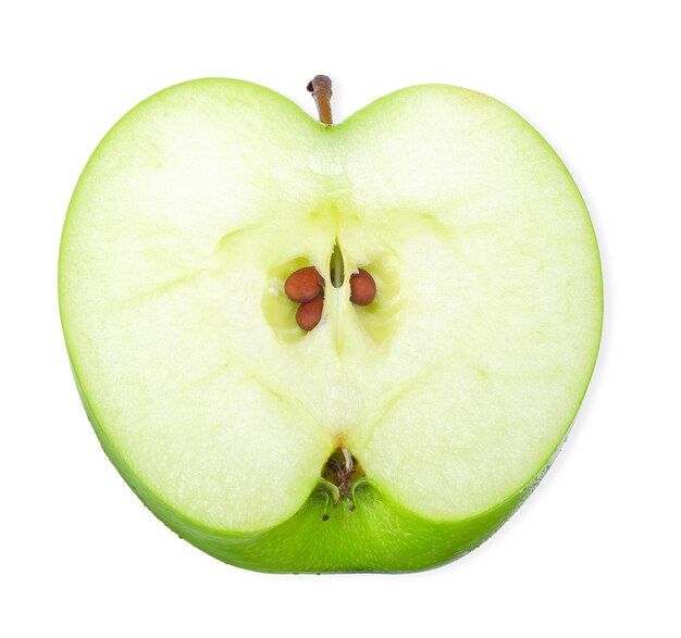 Top view half of green apple isolated on white