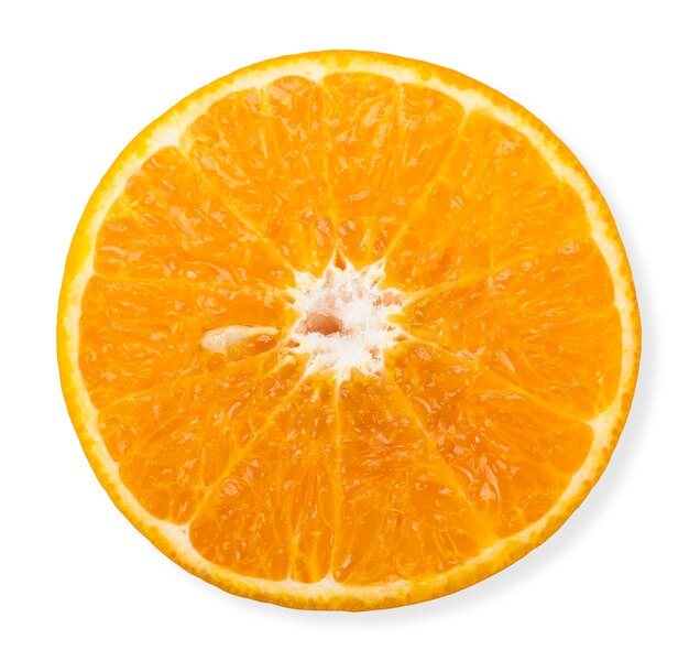 Photo top view half of orange isolated on white