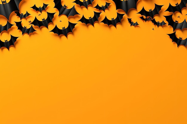 Top view of Halloween banner with black bats on orange background Promotional materials for holiday
