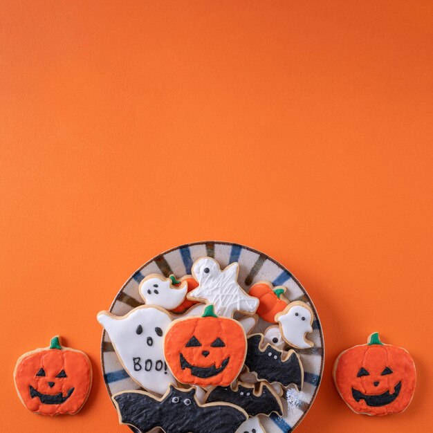 Top view of halloween festive decorated icing sugar cookies on\
orange background