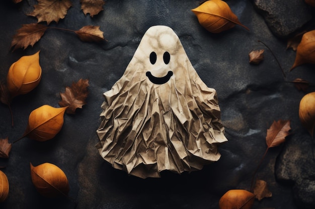 Top view of Halloween handmade composition with friendly ghost made from paper surrounded with orange autumn leaves placed on gray background