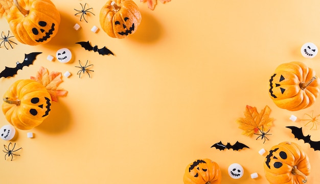 Top view of Halloween orange pumpkins