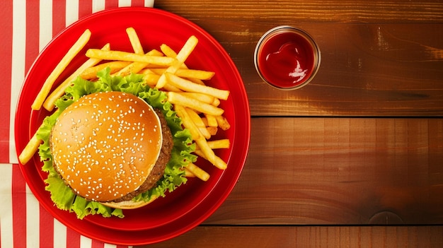 Top view of hamburger with french fries on red wooden table