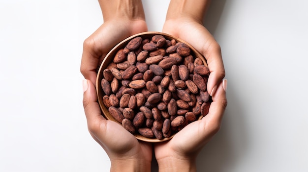 Top view of a hand holding cocoa beans in a clean backdrop Generative AI