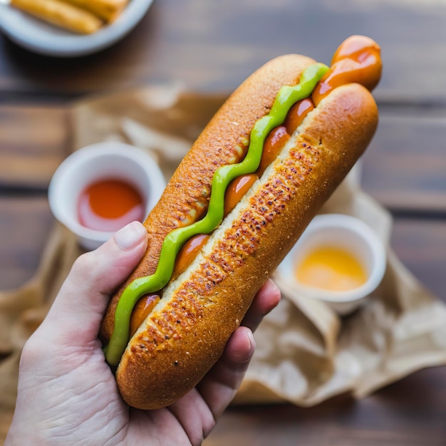 Top view hand holding corn dog