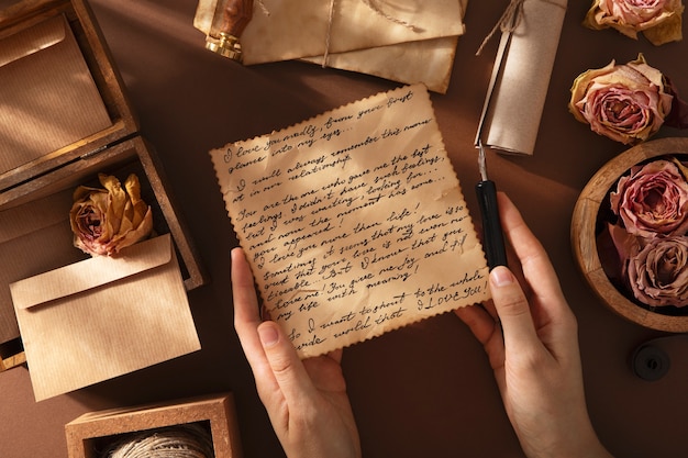 Photo top view hand holding love letter