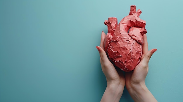 Top view of a hand holding a paper cut human heart against a blue backdrop with a big space for text or product Generative AI