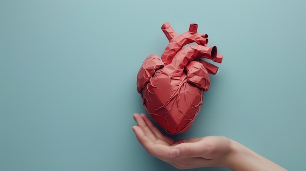 Top view of a hand holding a paper cut human heart against a blue backdrop with a big space for text or product Generative AI