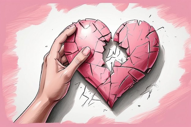 Photo top view hand holding pink broken heart couple two halves of against