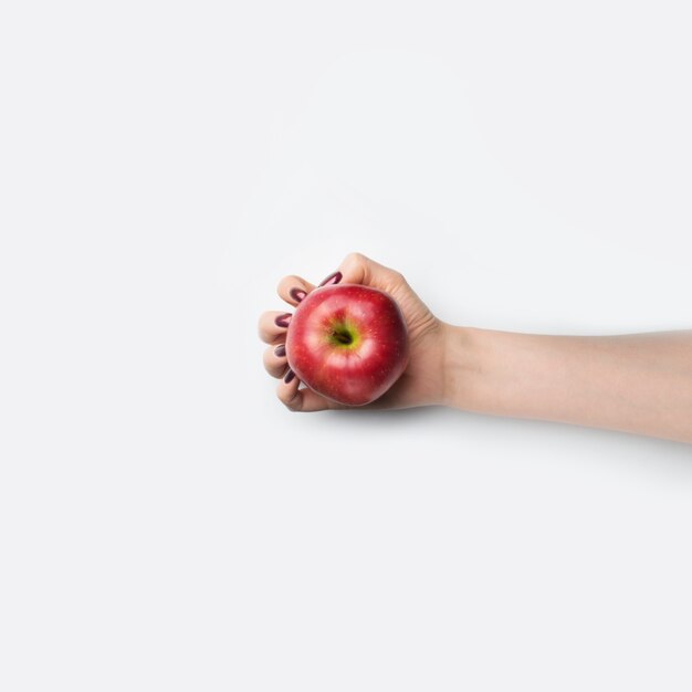 Top view of a hand holding a red apple with copy space