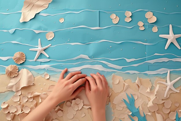 Photo top view of hands arranging a sea beach scene with paper