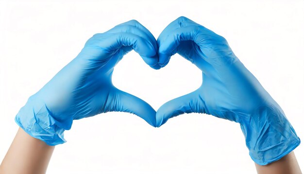 Top view of hands in blue gloves doing the gesture as heart isolated on white background