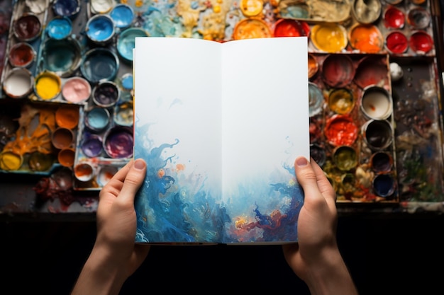 Top view hands hold a notebook amidst a creative sea of painting elements
