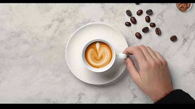 Photo top view of hands holding cup of coffee on empty white wall background