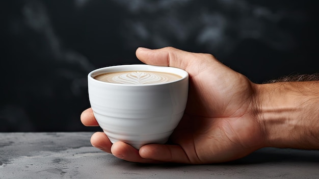 top view of hands holding cup of coffee on empty white wall background