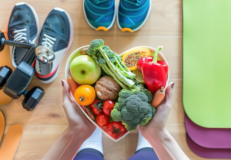 Photo top view of hands holding a heartshaped plate with healthy food surrounded by scales sports equip
