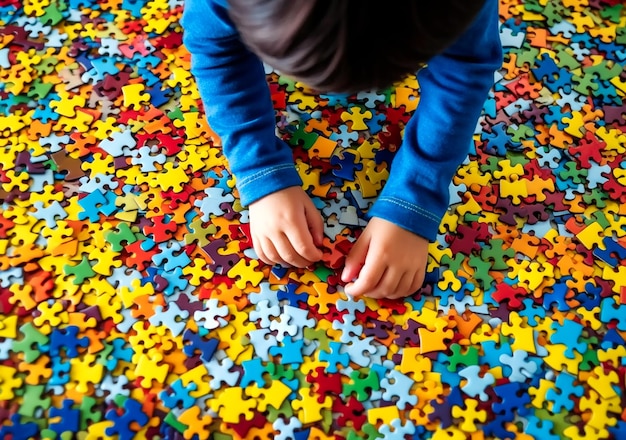 Top view hands of a little child arranging color puzzle symbol of public awareness for autism spectrum disorder