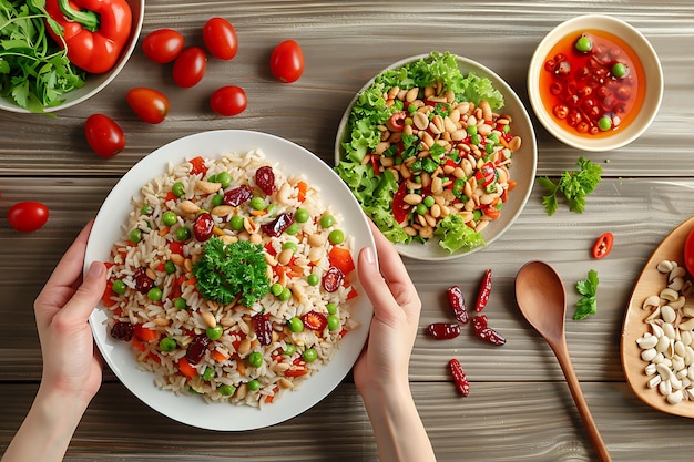 Top view of hands takes date fruits or kurma in the white plate and eating rice