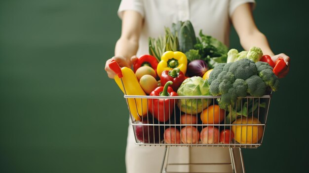 Верхний вид Руки с тележкой, полной свежих вкусных овощей и фруктов копировать пространство пастельный фон