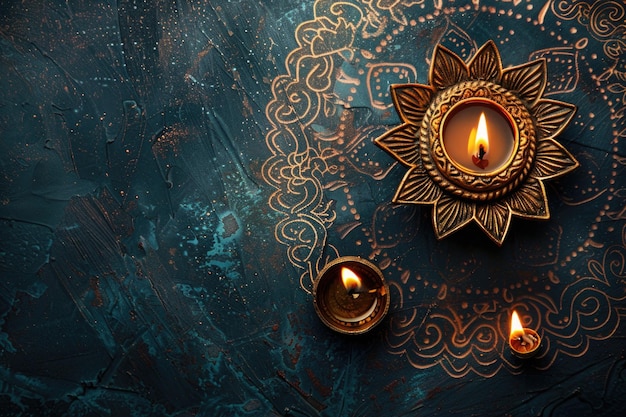 Photo top view happy diwali diya on dark background