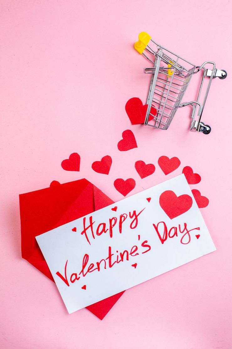 Photo top view happy valentines day written on paper red envelope red heart stickers mini trolley on blue table