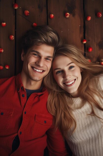 Photo top view of happy young couple looking at each other and smiling while lying on wooden floor