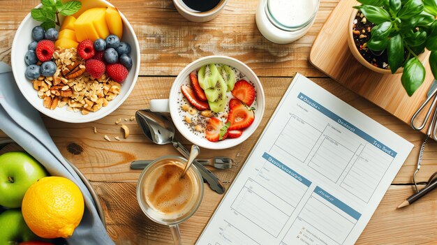 Photo top view of a healthy breakfast with muesli yogurt fruit and coffee on a wooden table the background is a notebook and a plant