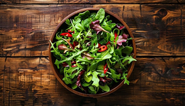 木製のテーブルの背景に展示された健康的で美味しい野菜サラダのトップビュー