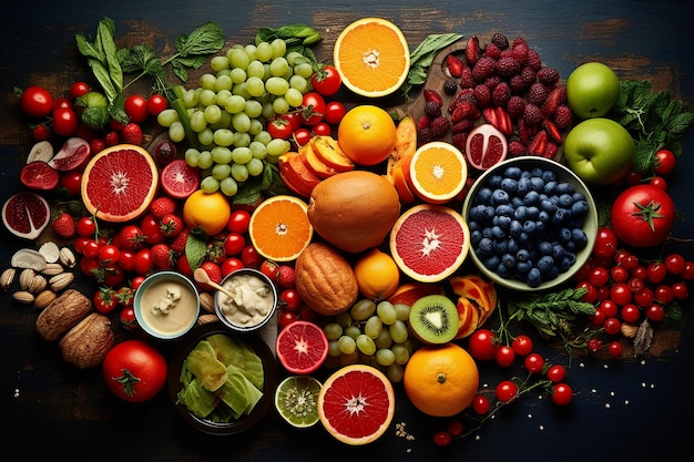 Top View of Healthy Food and Fresh Fruit