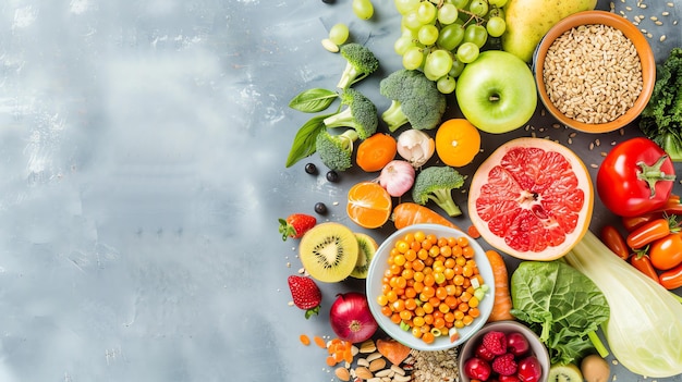 Top view of healthy food ingredients on grey concrete background Clean eating concept