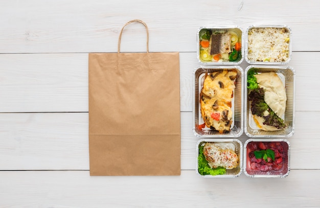 Top view of healthy food take away in boxes