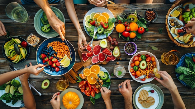 Foto vista superiore di cibo sano su un tavolo di legno ci sono molti tipi di frutta verdura noci e semi la gente sta mangiando e condividendo il cibo