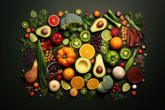 top view of healthy fruits and vegetables background