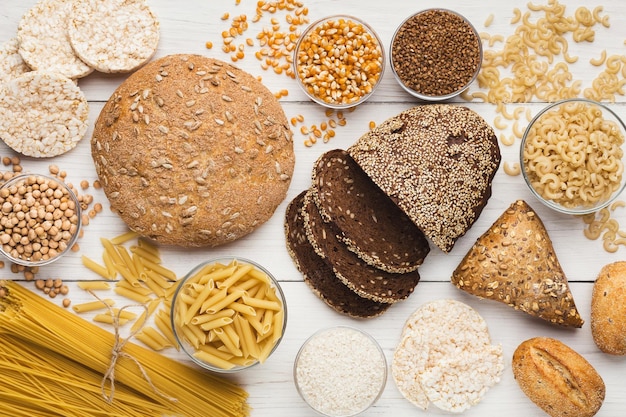 Photo top view on healthy gluten free bread, pasta and grains