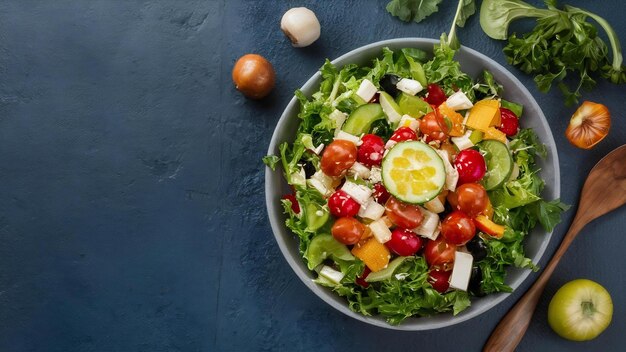 Top view healthy salad and vegetables