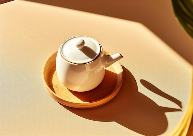 Top view of healthy teapot on linens background with sunshadow