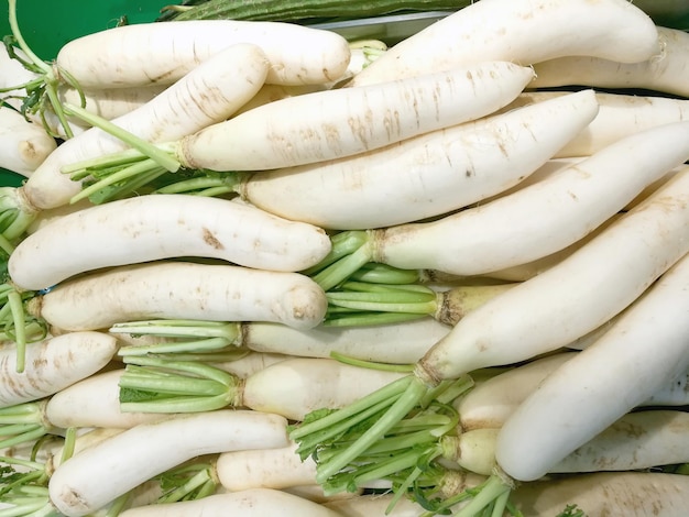 Top view heap of Japanese white radish in fresh market