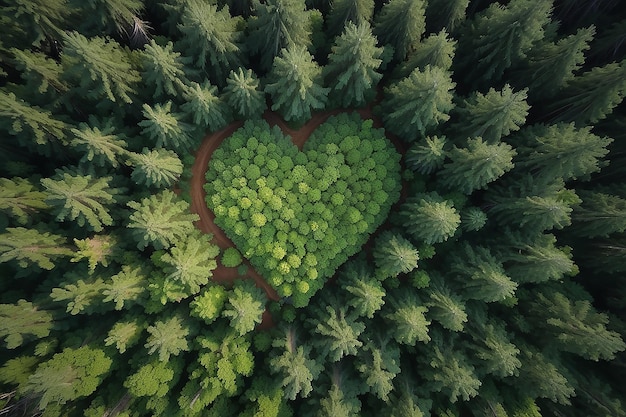 Top view over heart shape in forest