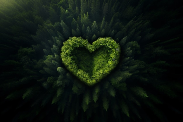 Photo top view over heart shape in forest