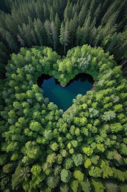 Top view over heart shape in forest