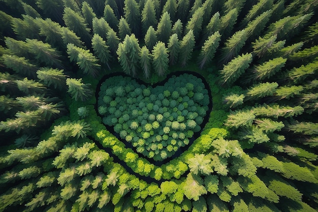 Top view over heart shape in forest