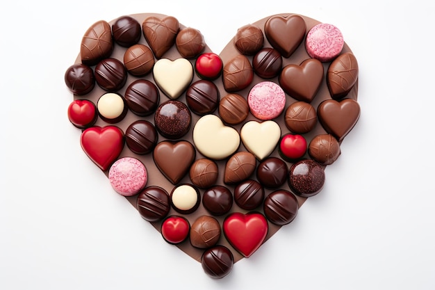 Foto vista superiore di una scatola a forma di cuore con collezione di cioccolato su sfondo bianco