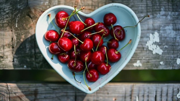 Photo top view of heartshaped plate full of delicious cherries on wooden table