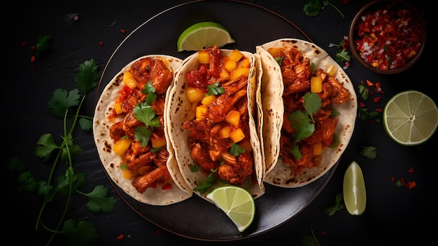 Top view heerlijke tacos al pastor voedsel bord geïsoleerd op een zwarte achtergrond